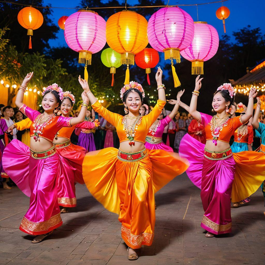 A vibrant celebration scene showcasing cheerful individuals participating in a traditional Tai dance, surrounded by colorful decorations and lanterns. In the background, a lush green landscape and a sunset sky, radiating warmth and joy. Include traditional Tai instruments and joyful expressions on the dancers' faces. super-realistic. vibrant colors. lively atmosphere.