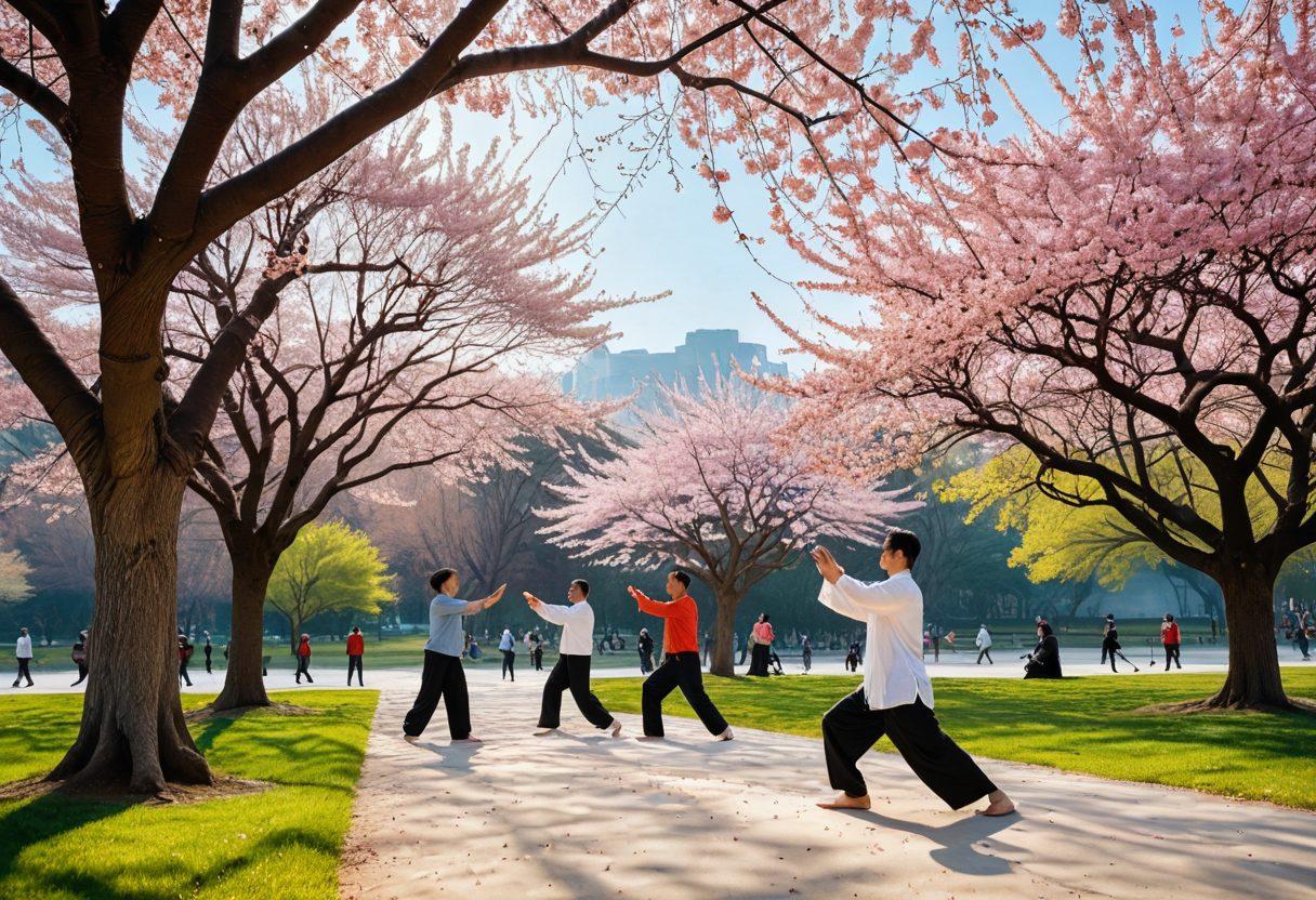 A serene park scene depicting a diverse group of individuals practicing Tai Chi under the soft morning light, surrounded by vibrant cherry blossom trees. The practitioners showcase graceful movements, exuding joy and tranquility, while colorful lanterns float in the background symbolizing celebration. A gentle breeze causes the petals to dance in the air, adding a lively atmosphere. Include a clear blue sky to enhance positivity. super-realistic. vibrant colors. harmonious composition.