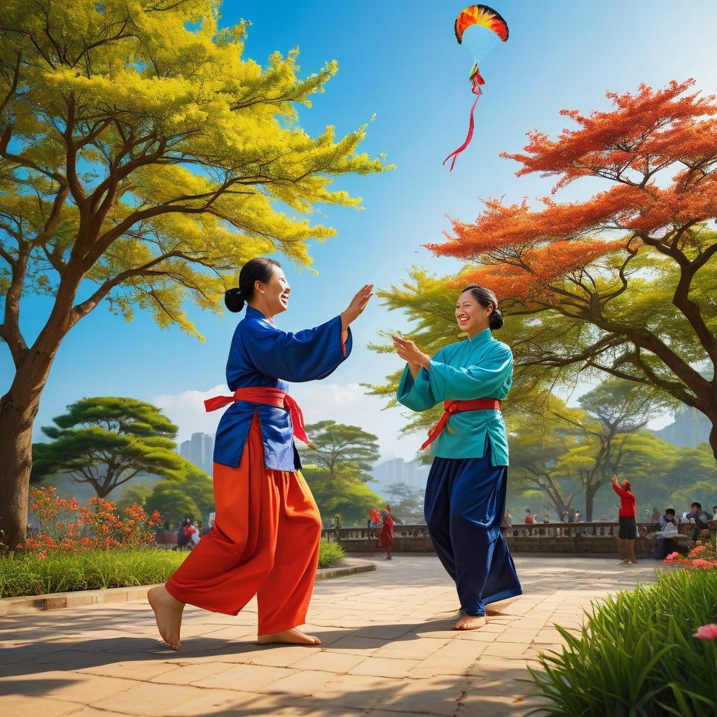 A serene and vibrant landscape depicting a joyful Tai lifestyle scene, featuring smiling individuals practicing Tai Chi in a sunlit park surrounded by blooming flowers and lush greenery. The image captures the essence of bliss, with colorful kites soaring in the sky and laughter resonating around. Illustrate the warmth and camaraderie among the practitioners, infusing elements of traditional Tai culture. super-realistic. vibrant colors. sunny atmosphere.